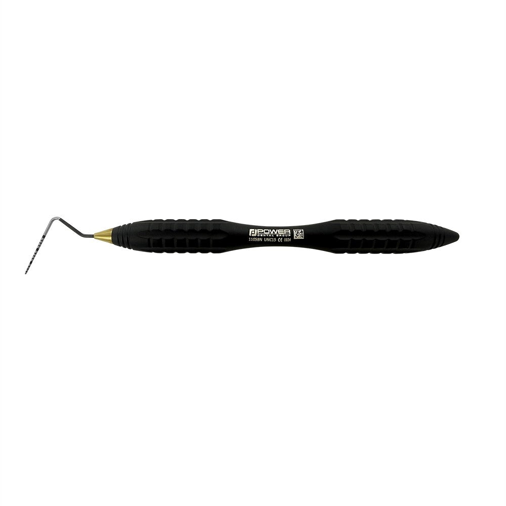Horizontal view of UNC15 periodontal probe with sculpted Black Edition handle and angled working end