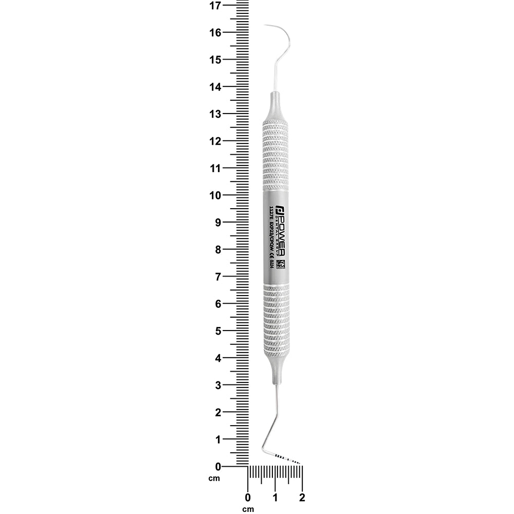 #23/Williams explorer and periodontal probe with 6EZ handle shown beside ruler, 16.3 cm overall length