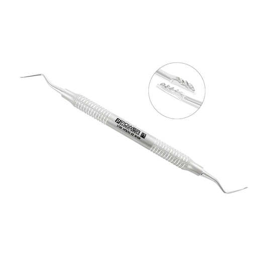 Angled view of the Hirschfeld Periodontal File 5/11 – HF5/11 with inset of serrated file tips