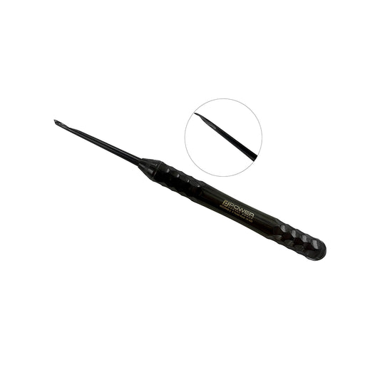 4033MB-1 Power Flex Twist Root Pick – Anterior Left single-ended instrument with black titanium-coated tip, shown diagonally with close-up of the working end.
