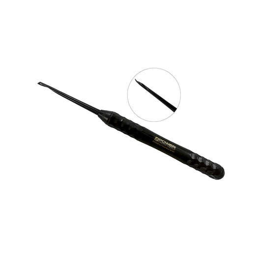 4033MB-2 Power Flex Twist Root Pick – Anterior Right single-ended instrument with black titanium-coated tip, shown diagonally with close-up of the working end.