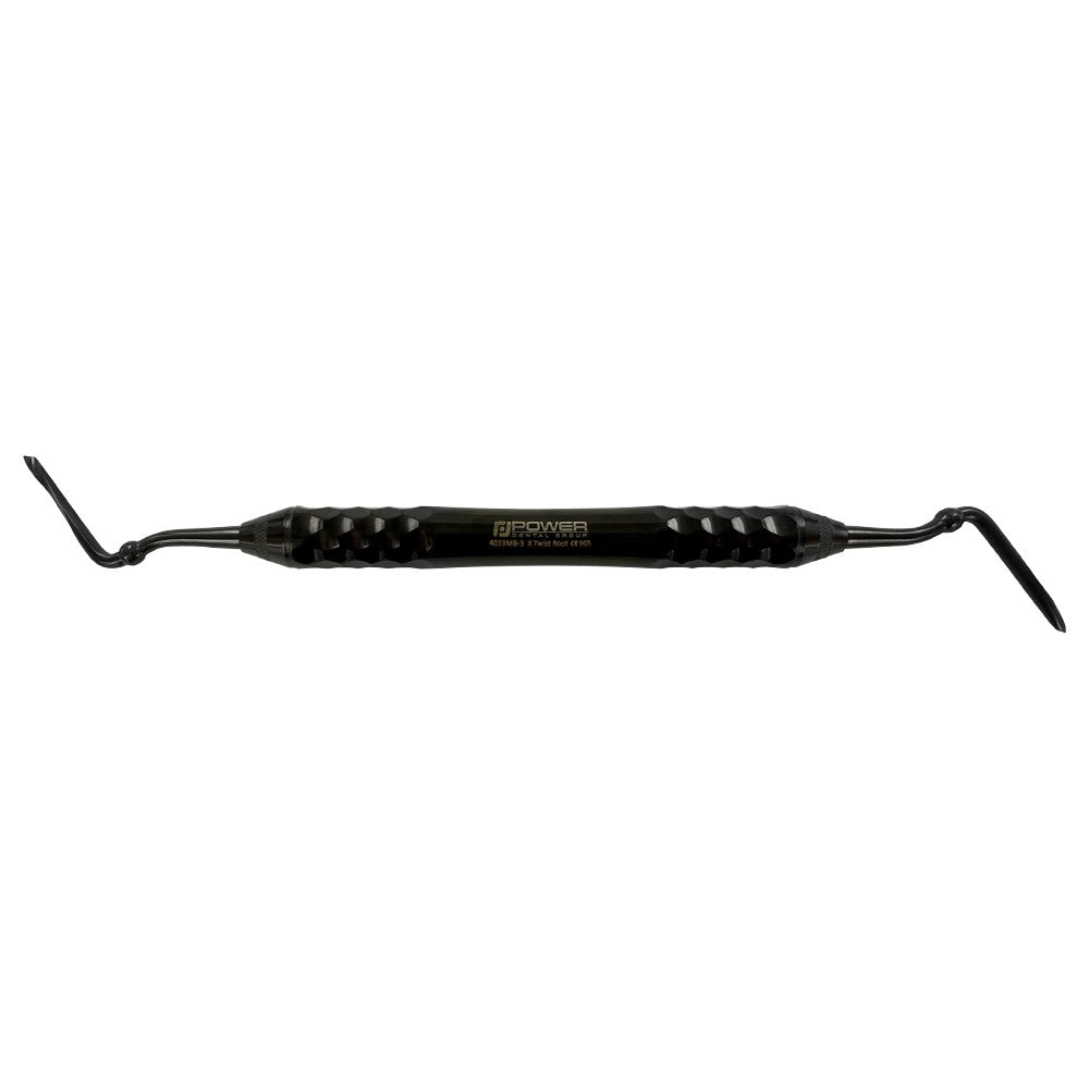 4033MB-3 Power Flex Twist Root Pick – Posterior double-ended root pick, horizontal product view with black titanium-coated working ends and faceted ergonomic handle.