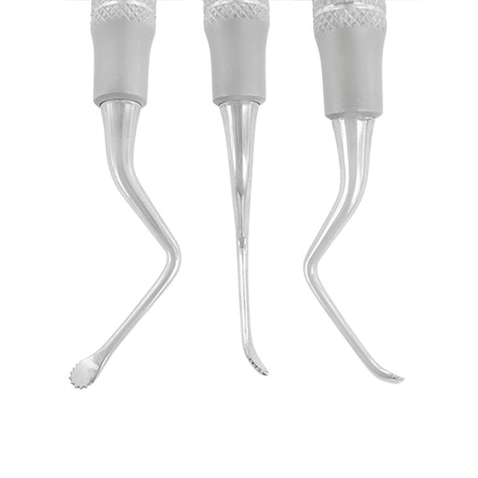 Close-up of 3.3 mm serrated tip on Surgical Curette 86AS, off-angle curette