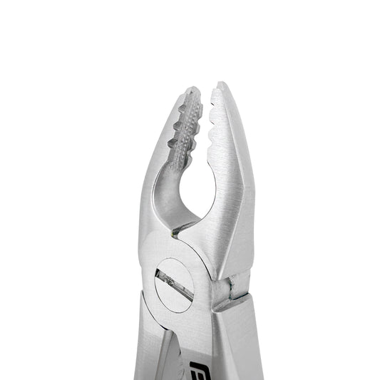 Front close-up of Power Atraumatic Extraction Forceps #150 F1P showing tapered serrated beaks for upper premolars