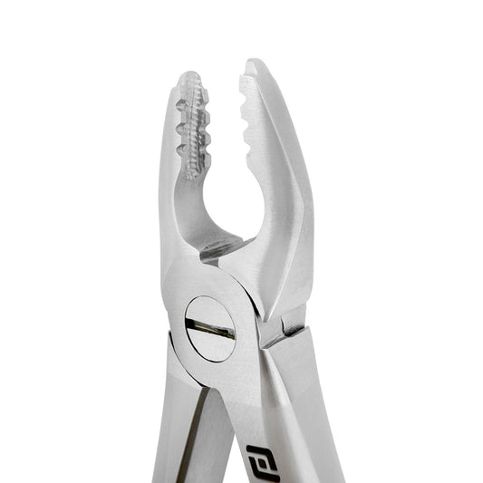 Angled close-up of Power Atraumatic Extraction Forceps Straight F3P showing serrated tapered beaks for upper anteriors