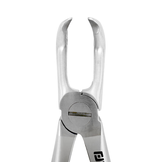 Front close-up of Universal F7CP lower molar atraumatic extraction forceps showing modified cowhorn beak profile