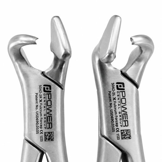 Close-up of Power Fulcrum forceps hawk talon tips for controlled atraumatic tooth extraction