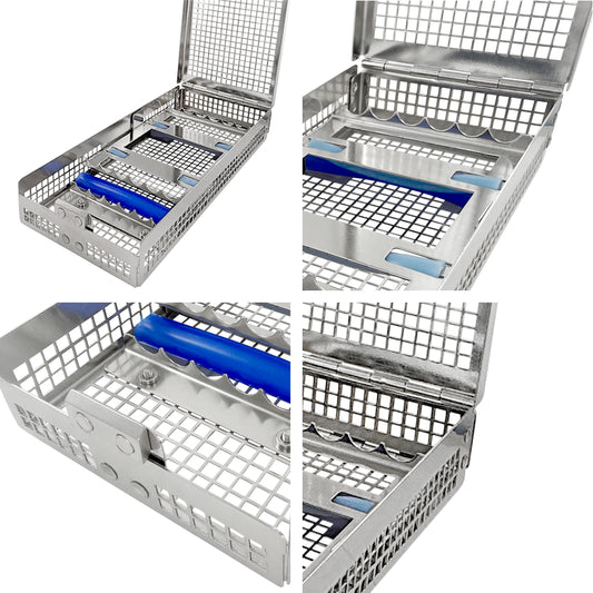 Double-Hinged Instrument Cassette – Holds 12 Instruments, Double Rack, 8.0 × 3.5 × 1.2 in (203 × 90 × 31 mm)
