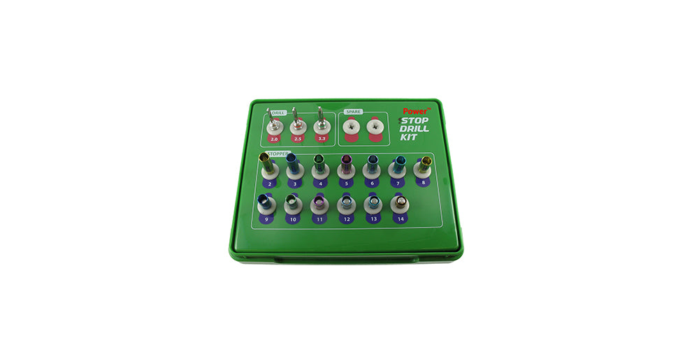 POWER DRILL STOP SYSTEM
• 3 Drill size : 2mm, 2.5mm, 3.3mm .
• Stopper 13pcs : 2mm to 14mm