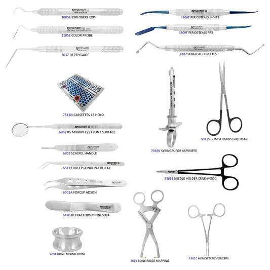 Kit de elementos esenciales para cirugía de implantes: juego de 18 con casete