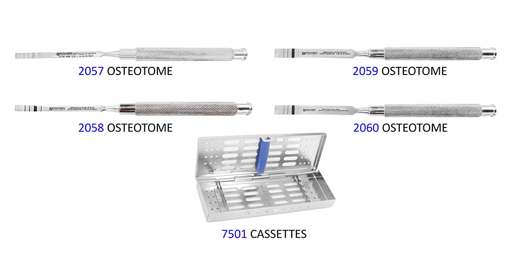 OSTEOTOME SET (5 PCS) CODE: 9021 / IMCHRIDGE BONE SPLIT CHISELS SET OF 4 + CASSETTE2057