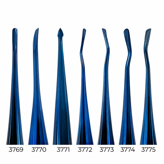 Serrated working ends of Accu Lux-Tome luxating elevators set showing straight curved spade mesial distal and large patterns