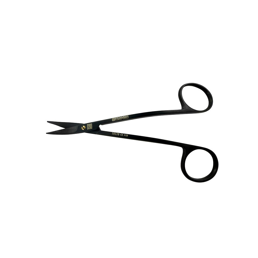 Full instrument view of double-curved LaGrange Super Cut suture scissors with black titanium finish