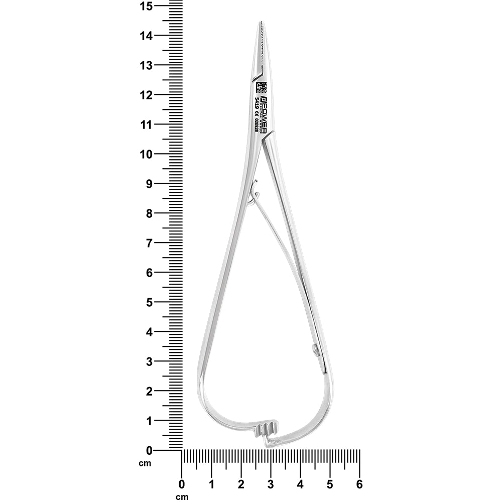 Mathieu thin-tip needle holder pictured beside ruler showing its 14 cm overall length