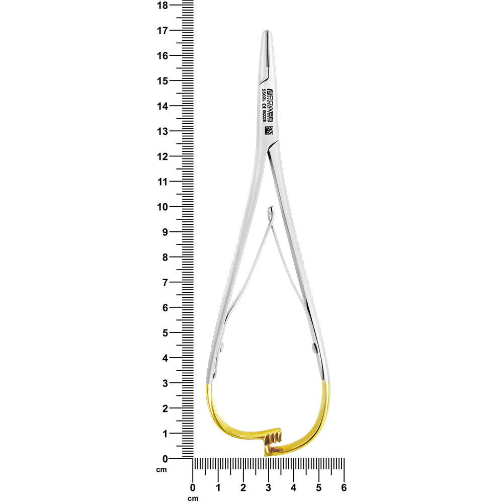 Mathieu wide-jaw tungsten carbide needle holder shown next to ruler indicating 17 cm length