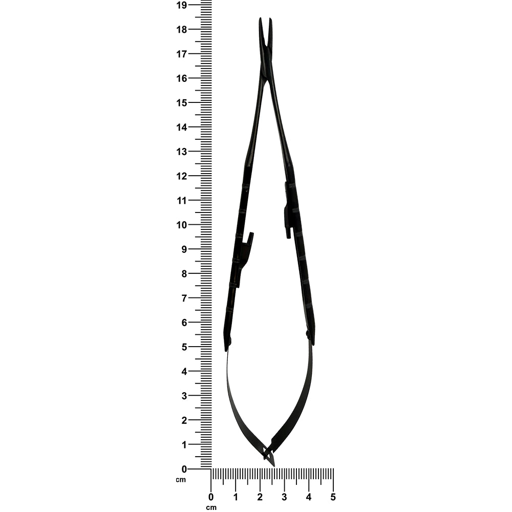 Power Castroviejo straight needle holder SKU 5514BN pictured beside a ruler for scale
