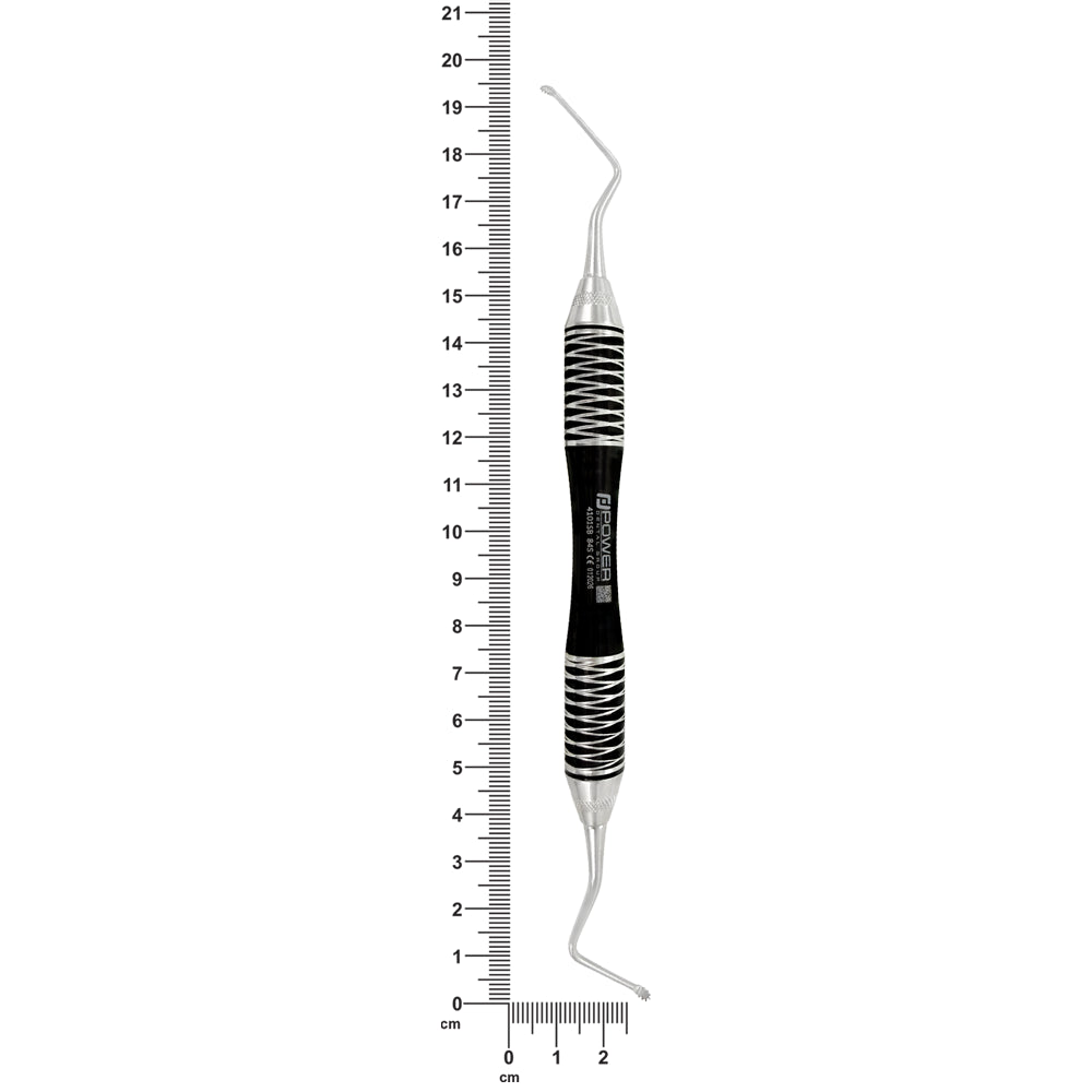 Power Lucas Curette 84S with premium black ergonomic handle shown with length measurement scale