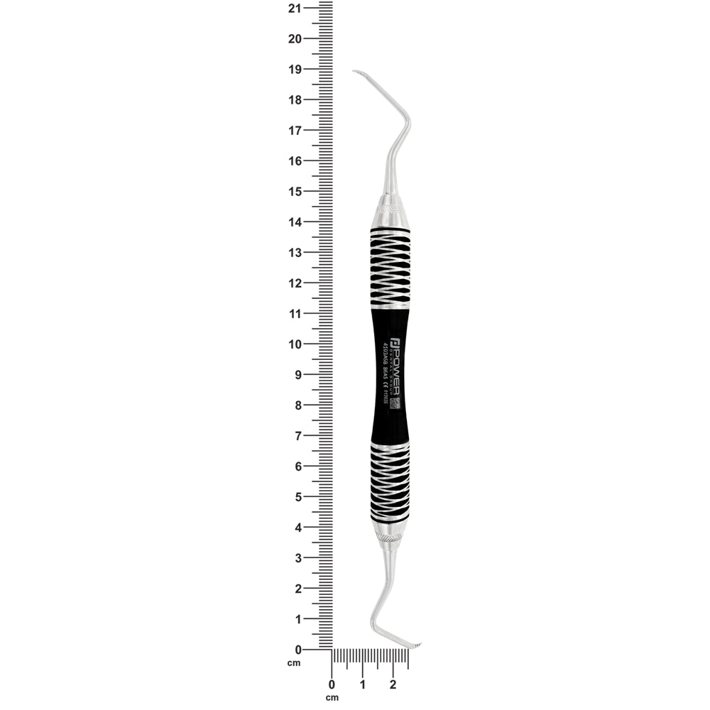 Power Lucas Curette 86AS with premium black ergonomic handle shown with length measurement scale