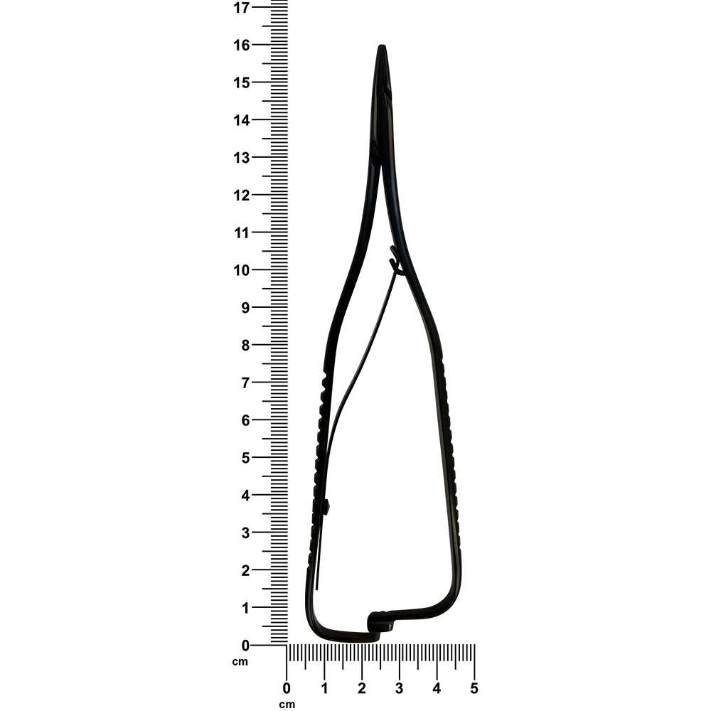 Power Mathieu thin-tip needle holder alongside ruler indicating 16 cm total length