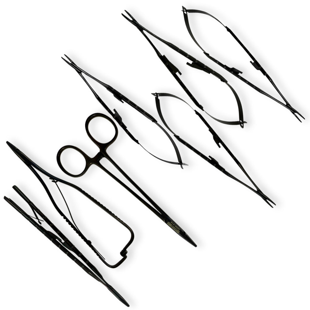 Staged view of the seven-piece Power needle holder kit with black titanium finish, SKU 5532BN