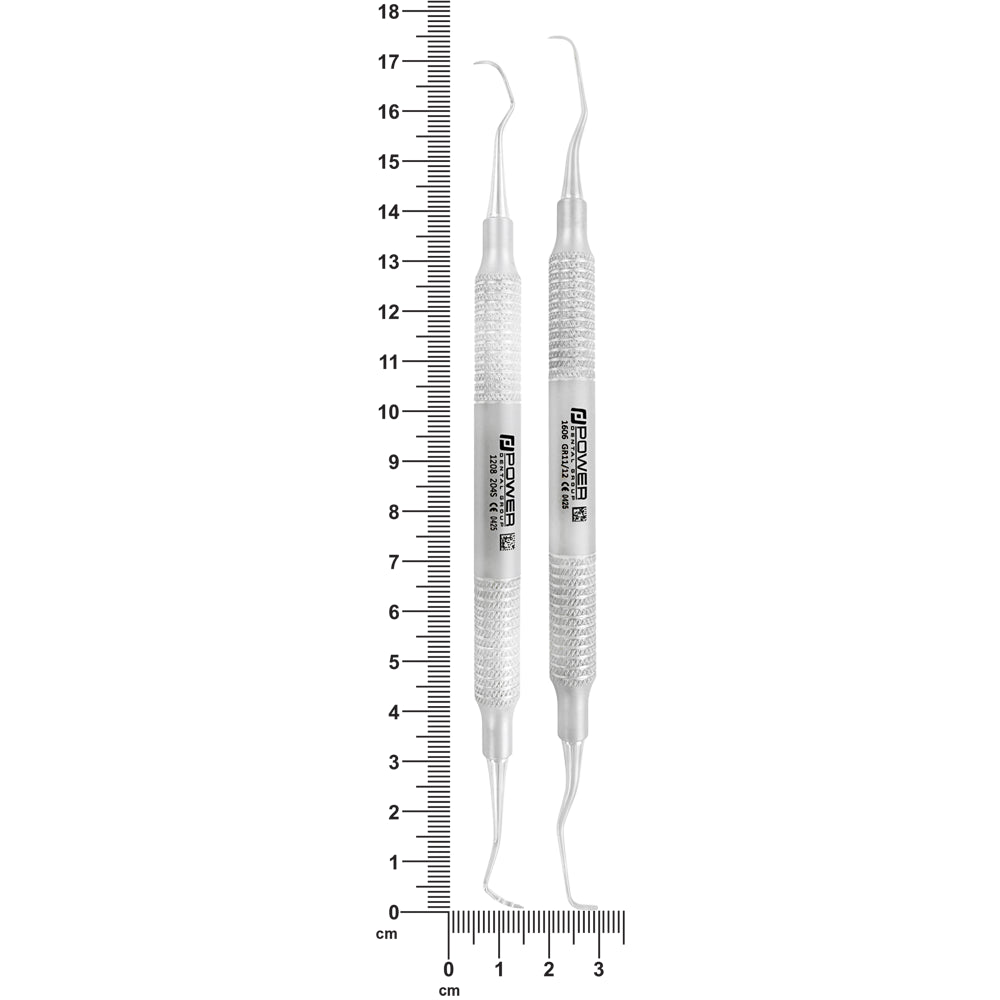 Scaler & Curette Kit instruments shown with size reference and measurement ruler