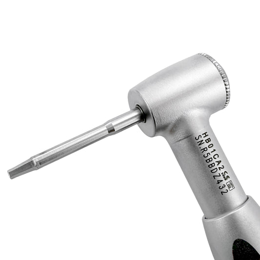 Close-up of SD-Torque Handpiece contra-angle head with 1.2 mm driver installed