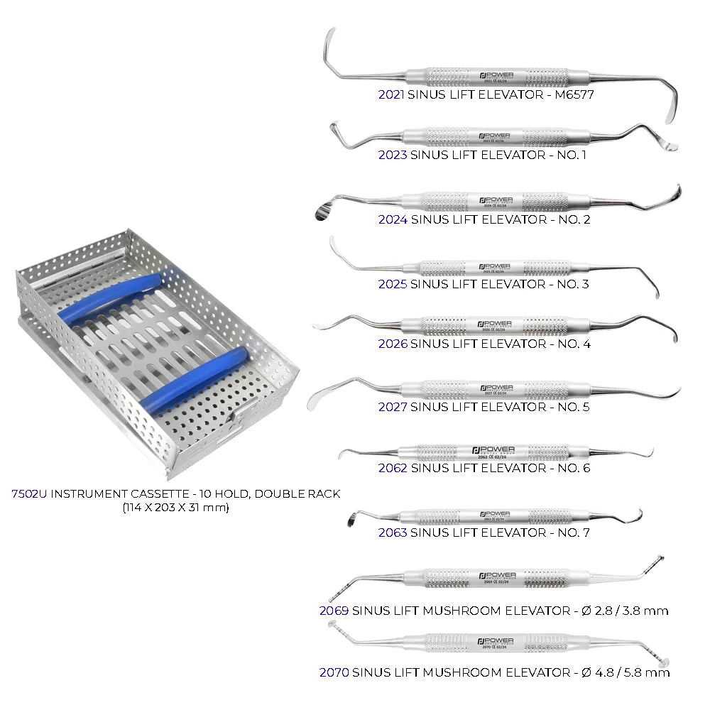 Sinus lift kit with 10 sinus lift elevators and stainless steel cassette for implant site preparation