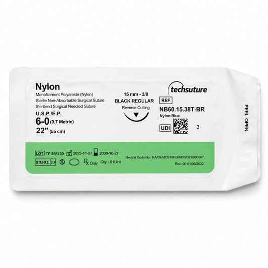 Single sterile sachet of Techsuture Nylon Blue Suture USP 6-0 with 15 mm 3/8 circle Black Regular reverse-cutting needle