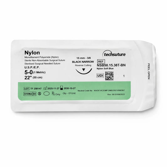 Single sterile package of Techsuture Nylon Soft Blue Suture USP 5-0 with 15 mm 3/8 circle Black Narrow needle