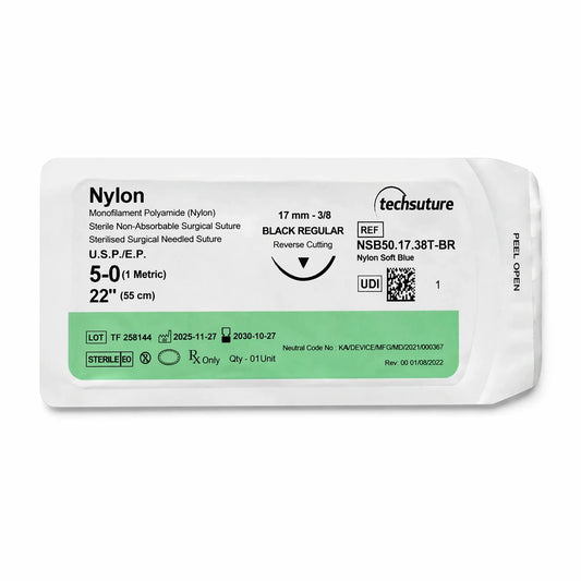 Single sterile package of Techsuture Nylon Soft Blue Suture USP 5-0 with 17 mm Black Regular needle