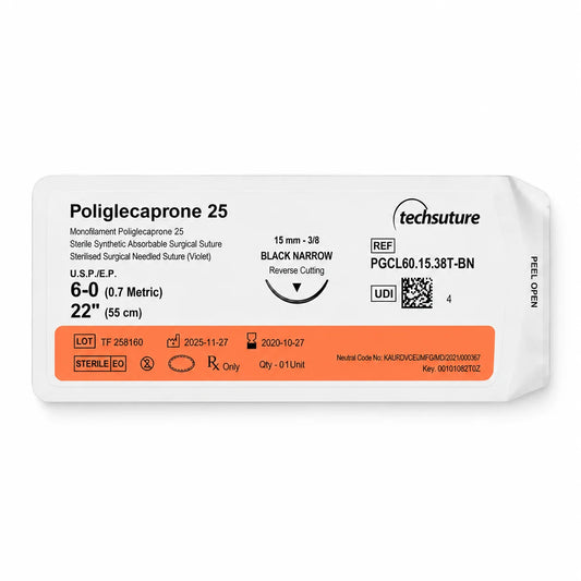 Techsuture PGCL USP 6-0 sterile suture pouch with 15 mm 3/8 circle Black Narrow reverse-cutting needle and 55 cm violet monofilament suture