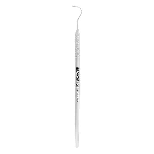 Vertical view of Explorer 23 Shepherd’s Hook dental instrument with 1EZ handle