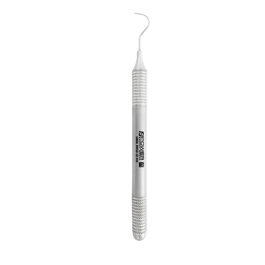 Vertical view of Explorer 23 Shepherd’s Hook dental instrument with 6EZ handle