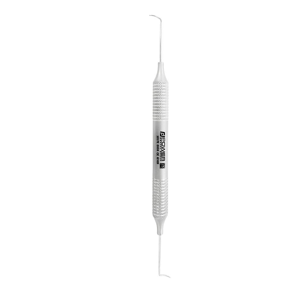 Vertical view of Explorer EXD 3 Pigtail double-ended dental explorer with 6EZ handle, SKU 1017E