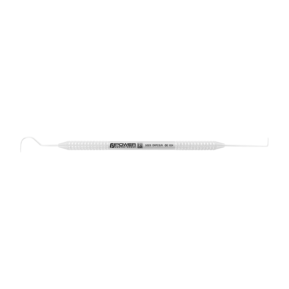 Horizontal view of Explorer EXD 23/6 double-ended dental explorer with 3EZ handle, SKU 1023