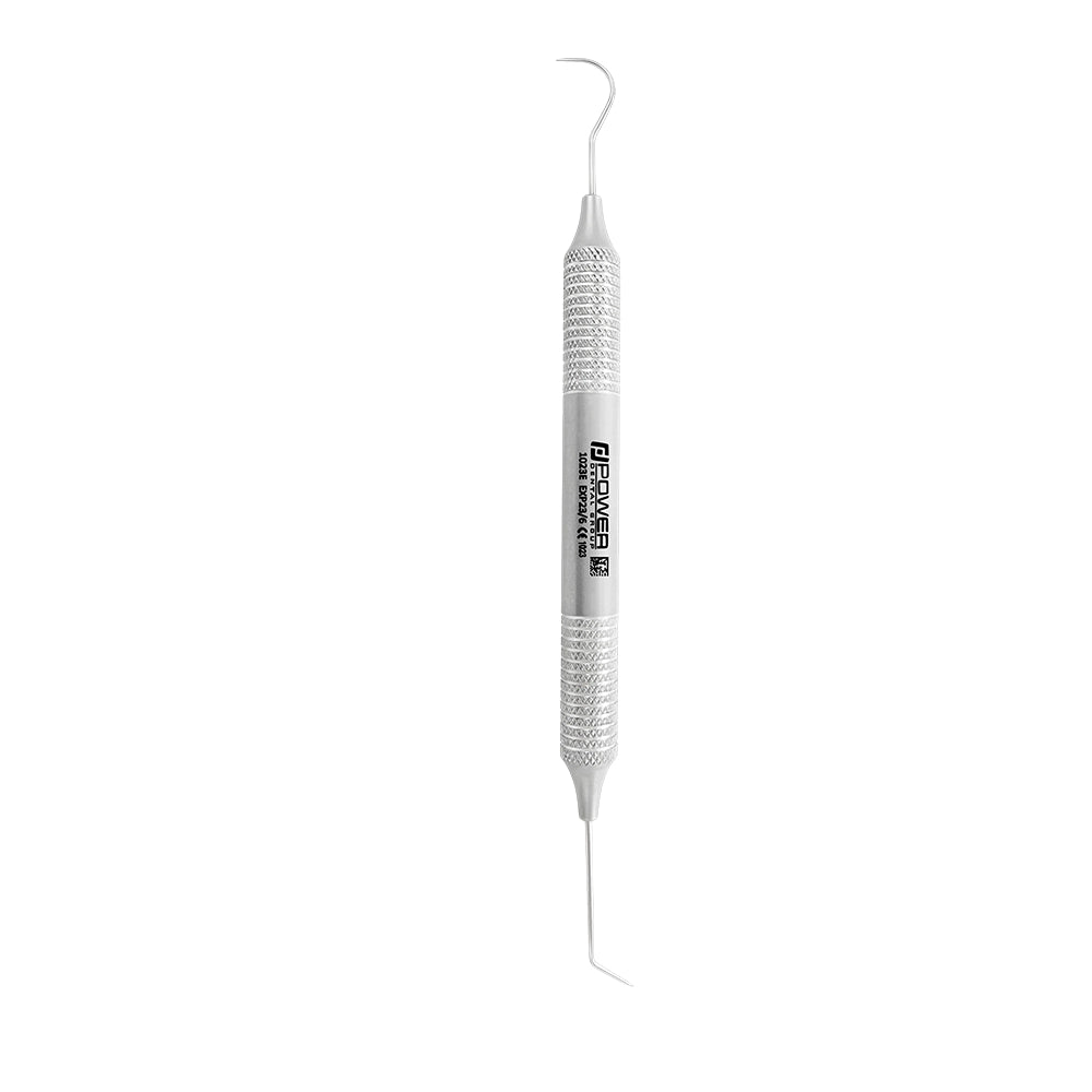 Vertical view of Explorer EXD 23/6 double-ended dental explorer with 6EZ handle, SKU 1023E