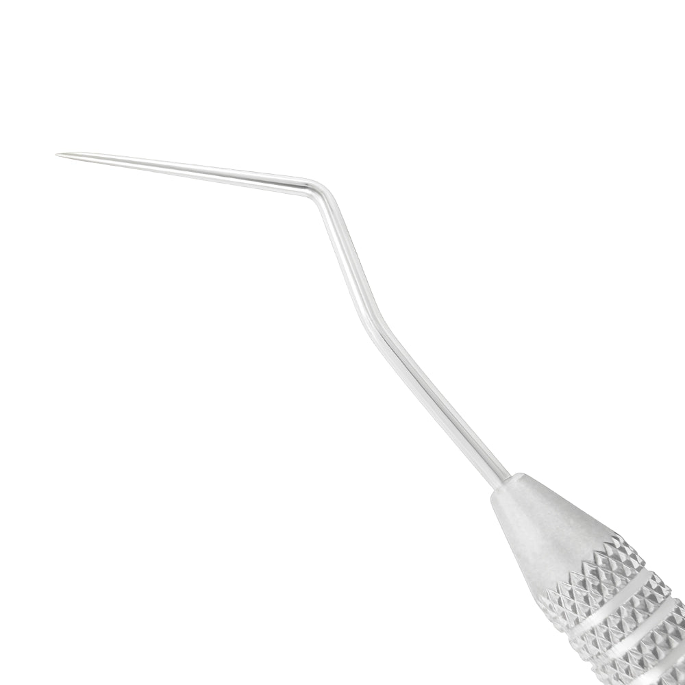 Close-up of one sharply angled working tip on DG16 endodontic explorer SKU 1026