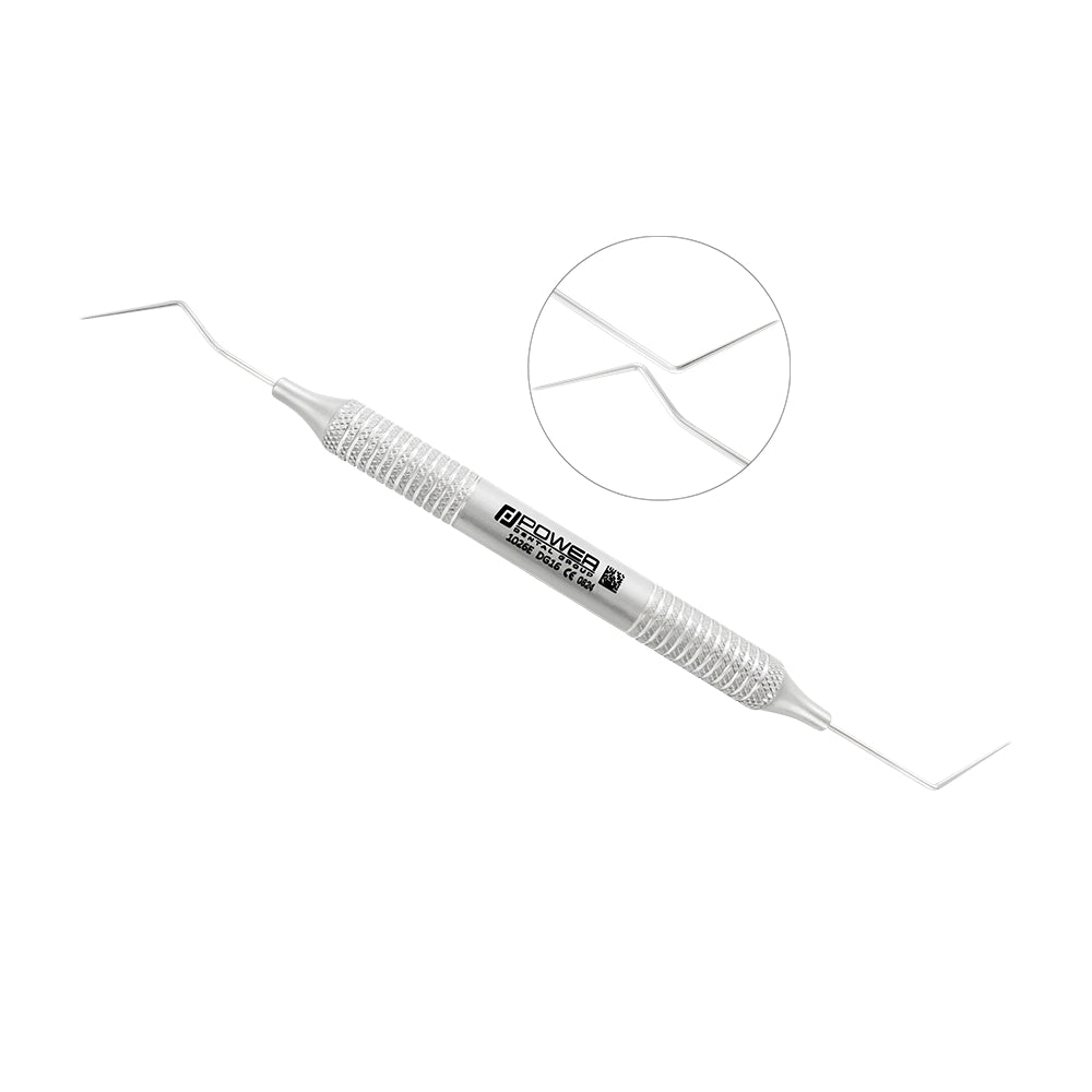 DG16 double-ended endodontic explorer with sharply angled tips and large 6EZ handle