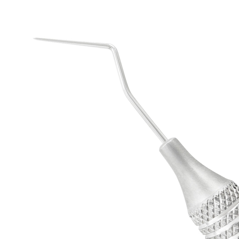 Close-up of one sharply angled working tip on DG16 endodontic explorer SKU 1026E