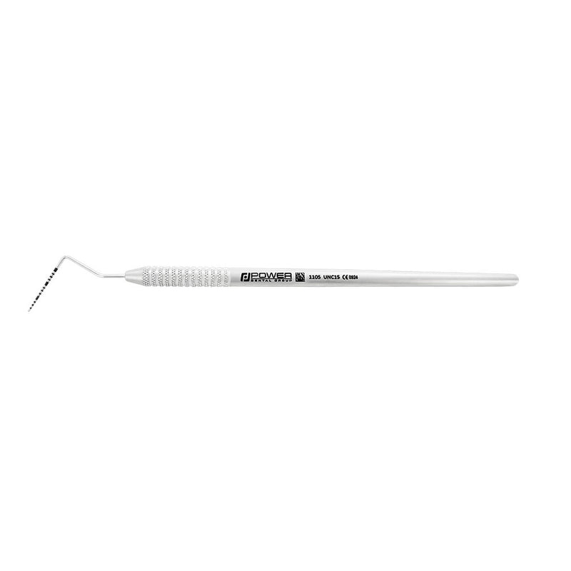 Horizontal view of UNC15 periodontal probe with 1EZ handle and angled working end