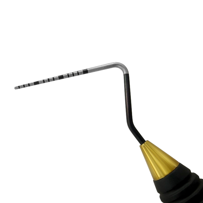 Close-up of UNC15 Black Edition probe working end with 1-15 mm periodontal measurement markings
