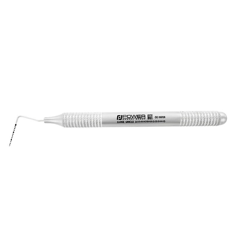 Horizontal view of UNC15 periodontal probe with 1-15 mm markings and 6EZ handle