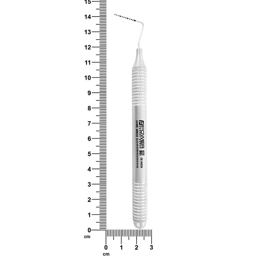 UNC15 periodontal probe with 6EZ handle shown beside ruler, 14.2 cm overall length