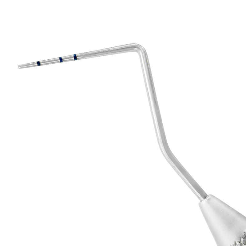 Close-up of Michigan-O periodontal probe working end with 3-6-8 mm measurement markings