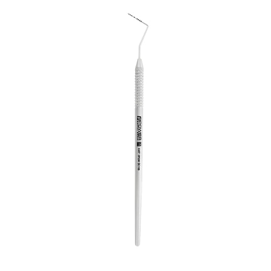 Vertical view of Williams periodontal probe with 1-2-3-5-7-8-9-10 mm markings and 1EZ handle, SKU 1107