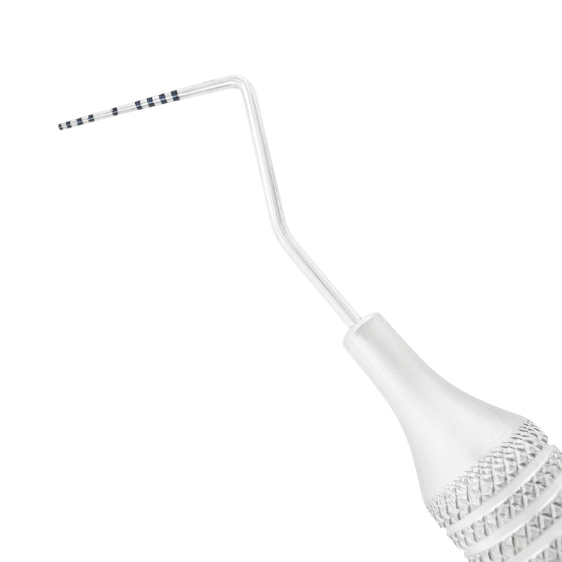 Close-up of Williams periodontal probe working end with 1-2-3-5-7-8-9-10 mm markings