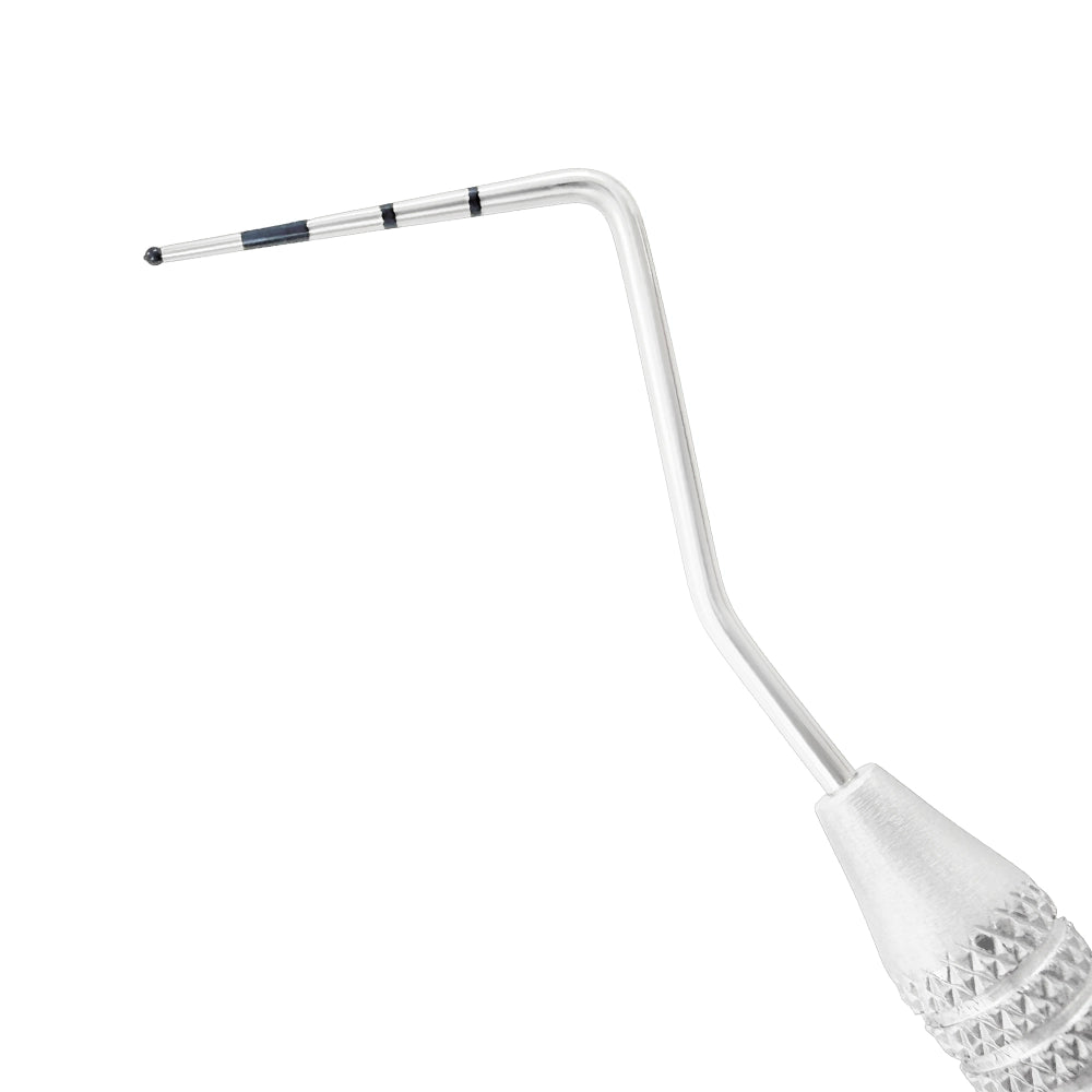 Close-up of WHO periodontal probe working end with 3.5-5.5-8.5-11.5 mm screening markings