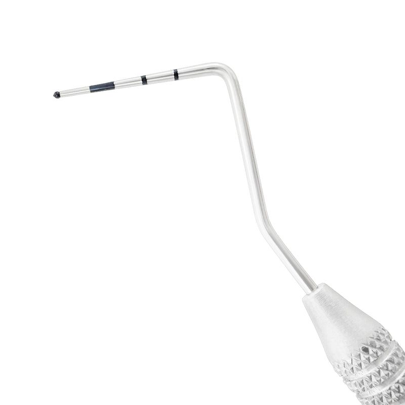 Close-up of WHO periodontal probe working end with 3.5-5.5-8.5-11.5 mm screening markings