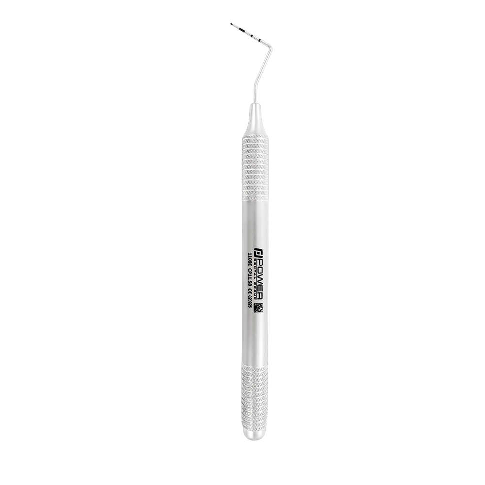Vertical view of WHO periodontal probe with 3.5-5.5-8.5-11.5 mm markings and 6EZ handle, SKU 1108E