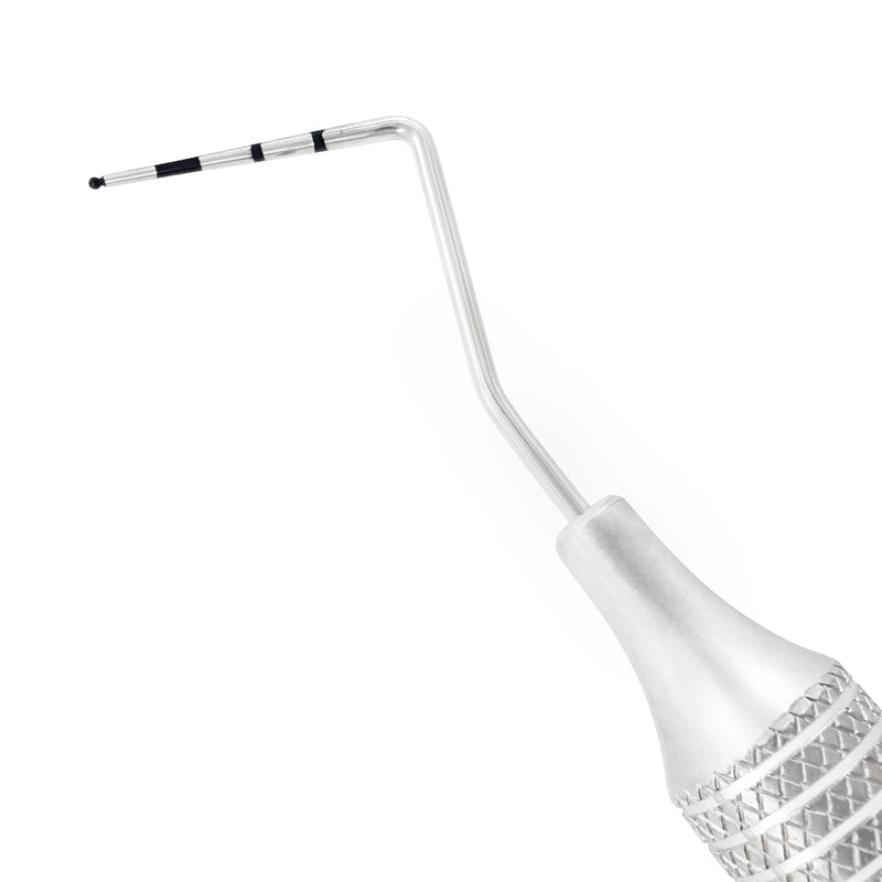 Close-up of WHO periodontal probe working end with 3.5-5.5-8.5-11.5 mm screening markings
